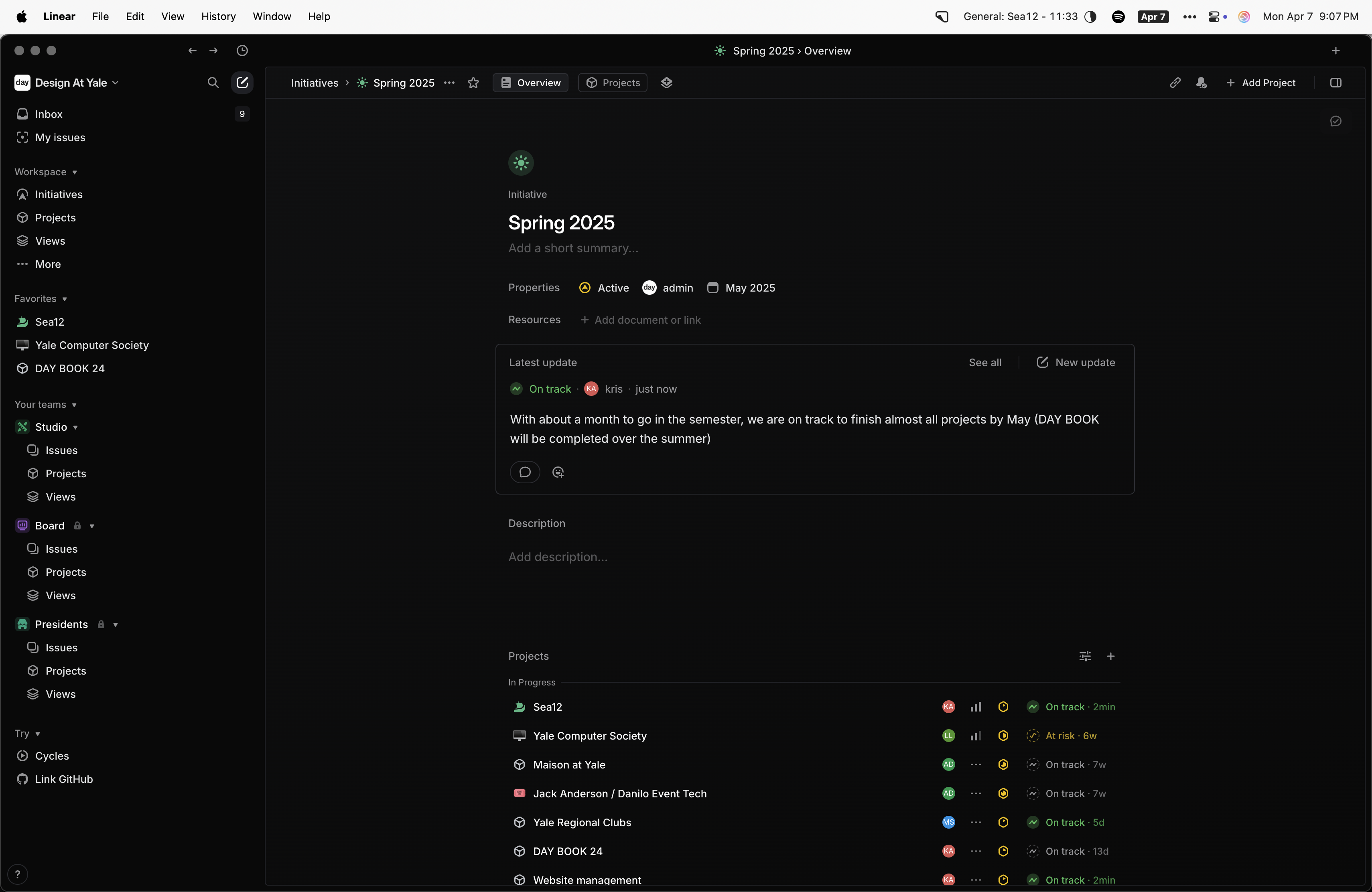 Much better, no? Linear's deep functionality allows me to look at the progress of all relevant projects at a quick glance with deeper insights available.