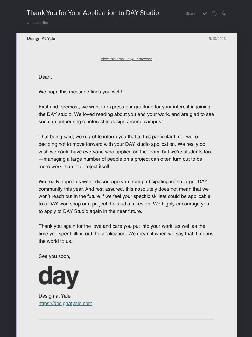 My rejection email from September 2023. It hit me brutally and had me sad for quite some time.